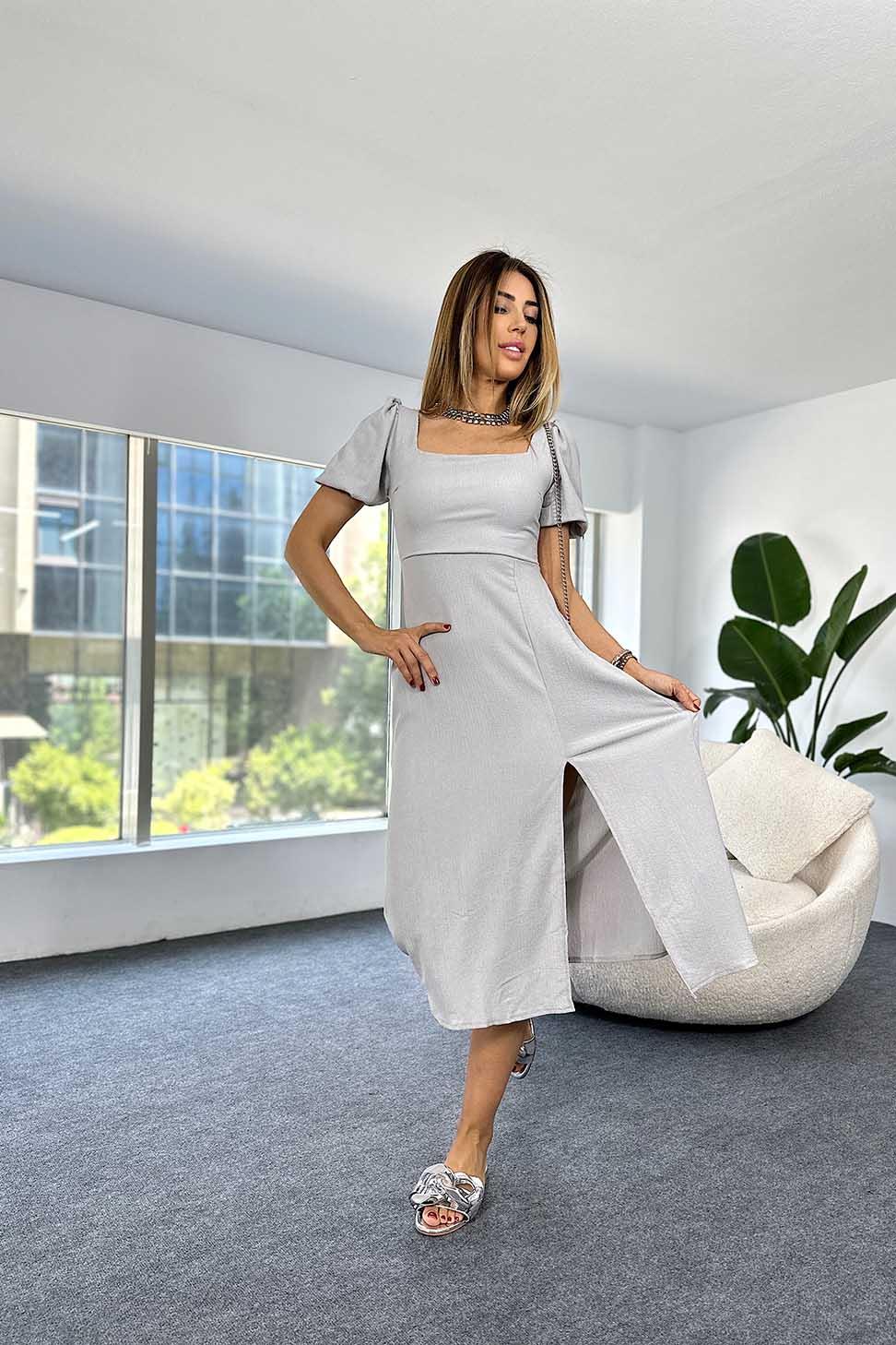 Viskon Kumaş Dekolteli Midi Kadın Elbise Gri