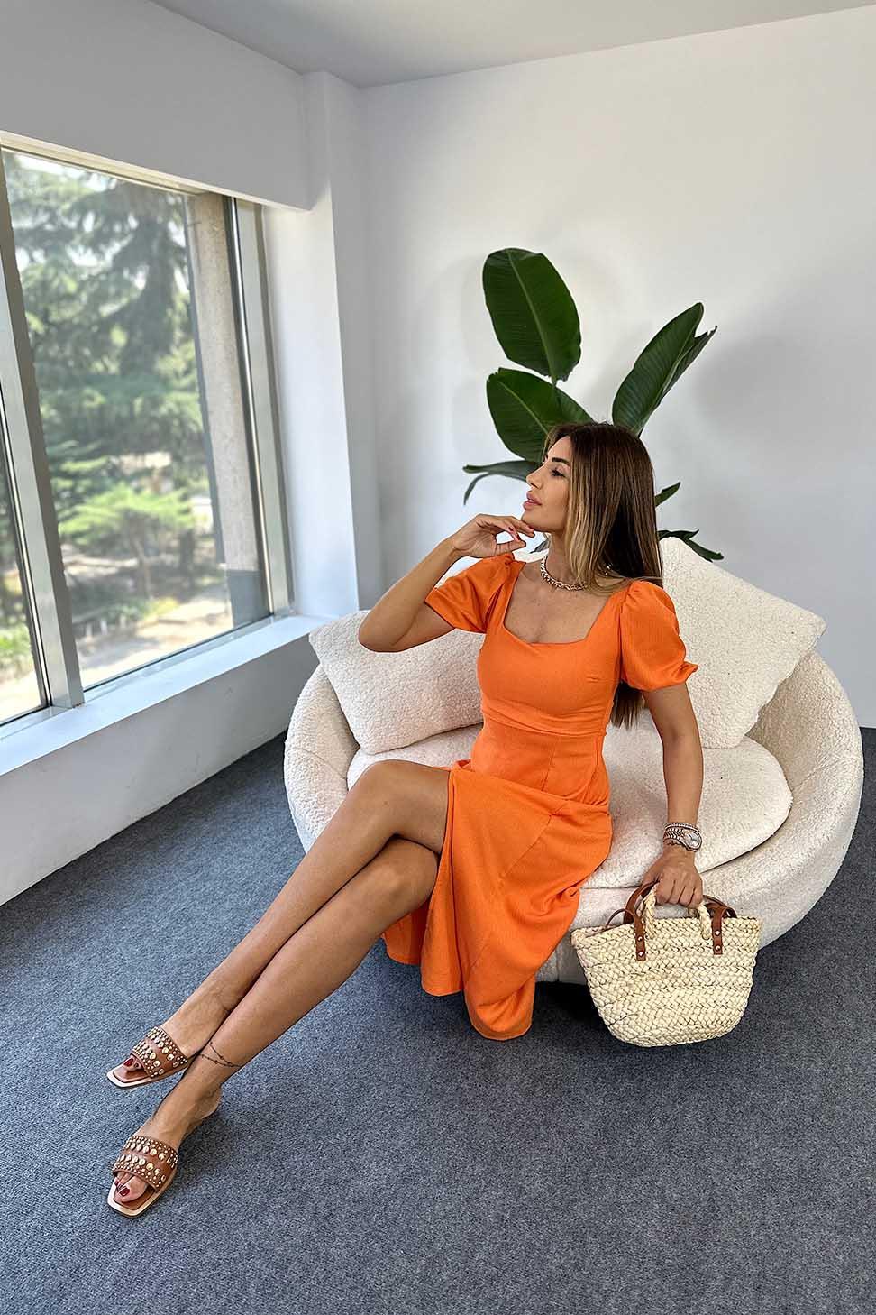 Viskon Kumaş Dekolteli Midi Kadın Elbise Turuncu