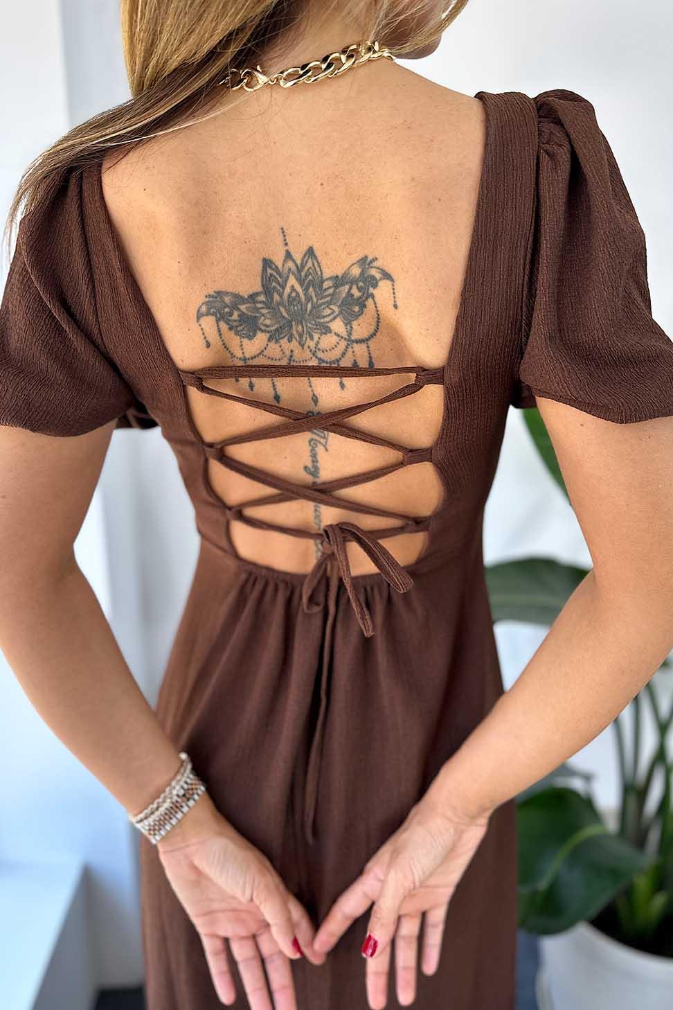 Viskon Kumaş Dekolteli Midi Kadın Elbise Kahve