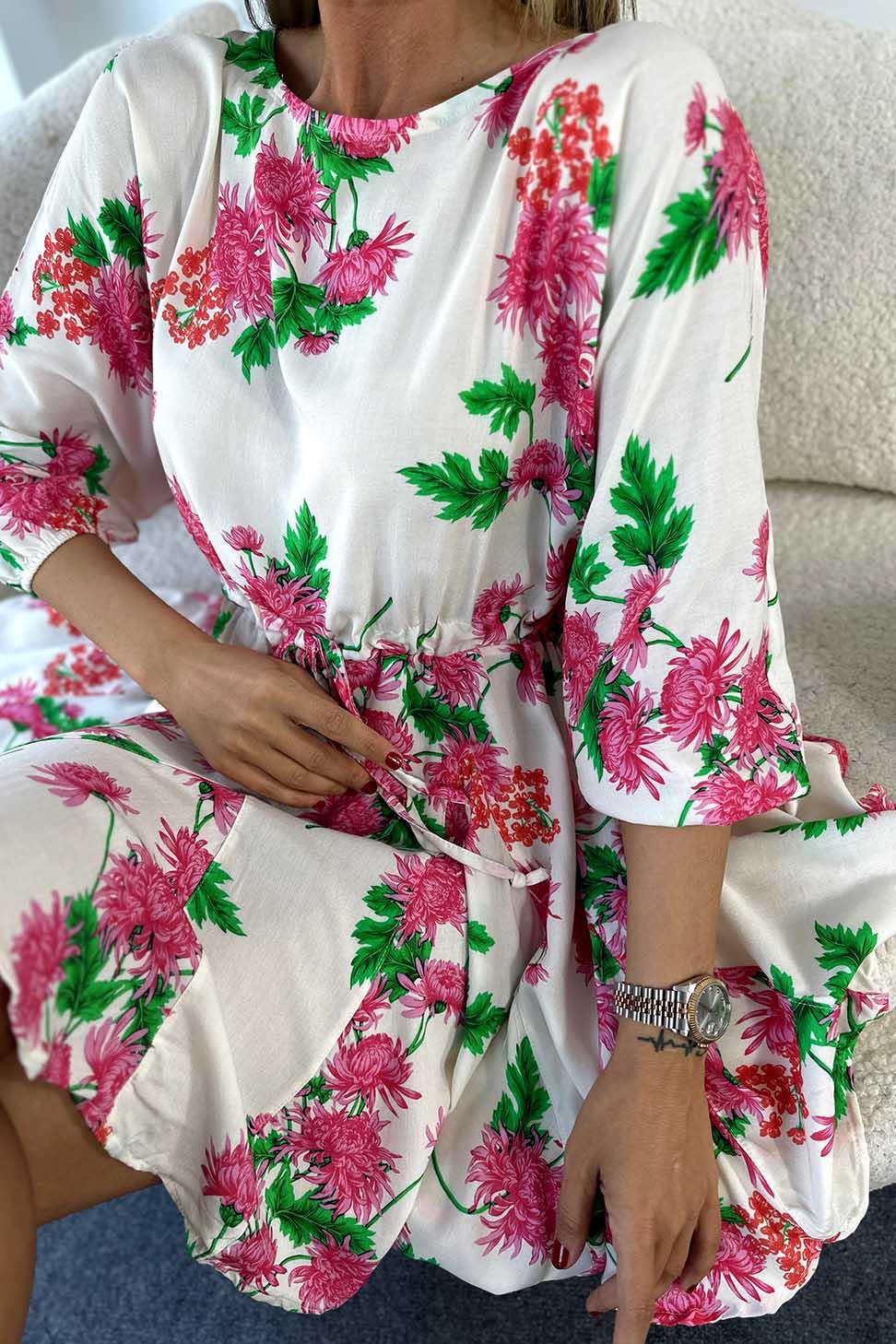 Viskon Kumaş Belden İp Sıkmalı Çiçek Desenli Oversize Elbise FUŞYA