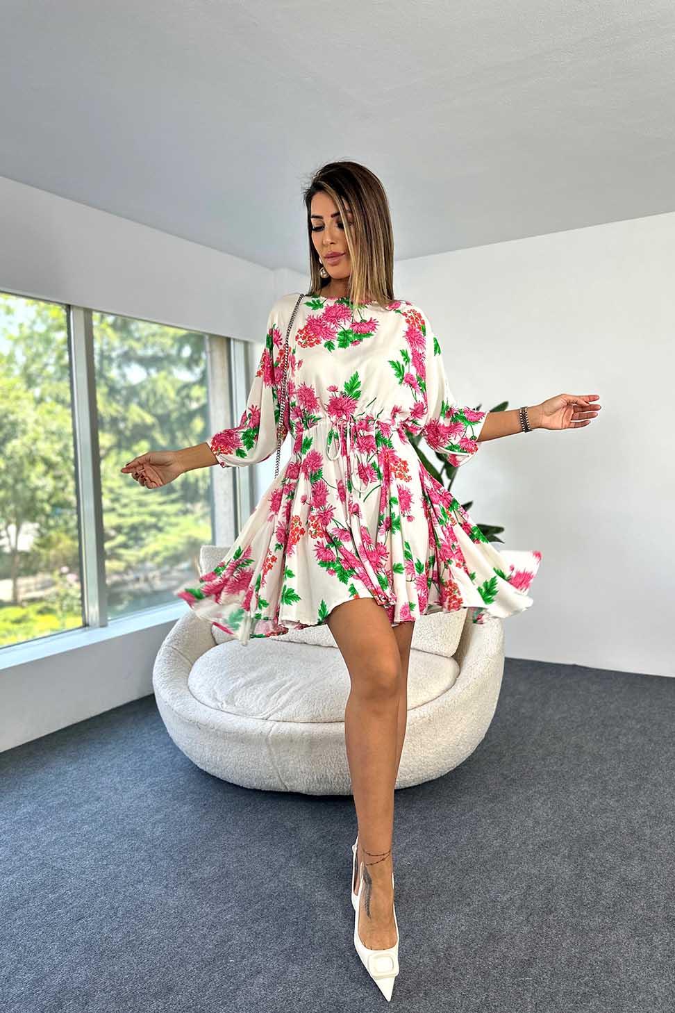 Viskon Kumaş Belden İp Sıkmalı Çiçek Desenli Oversize Elbise FUŞYA