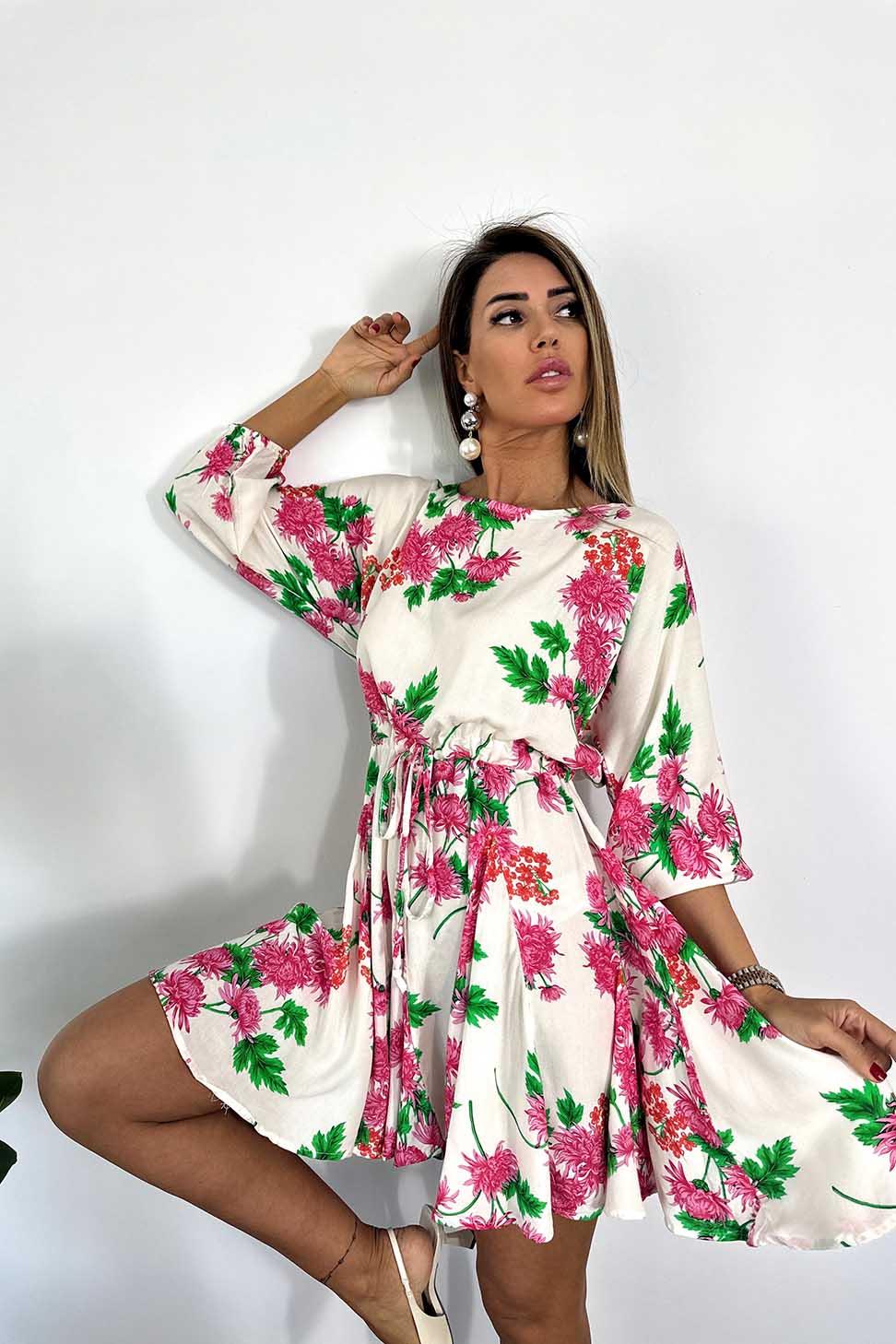 Viskon Kumaş Belden İp Sıkmalı Çiçek Desenli Oversize Elbise FUŞYA