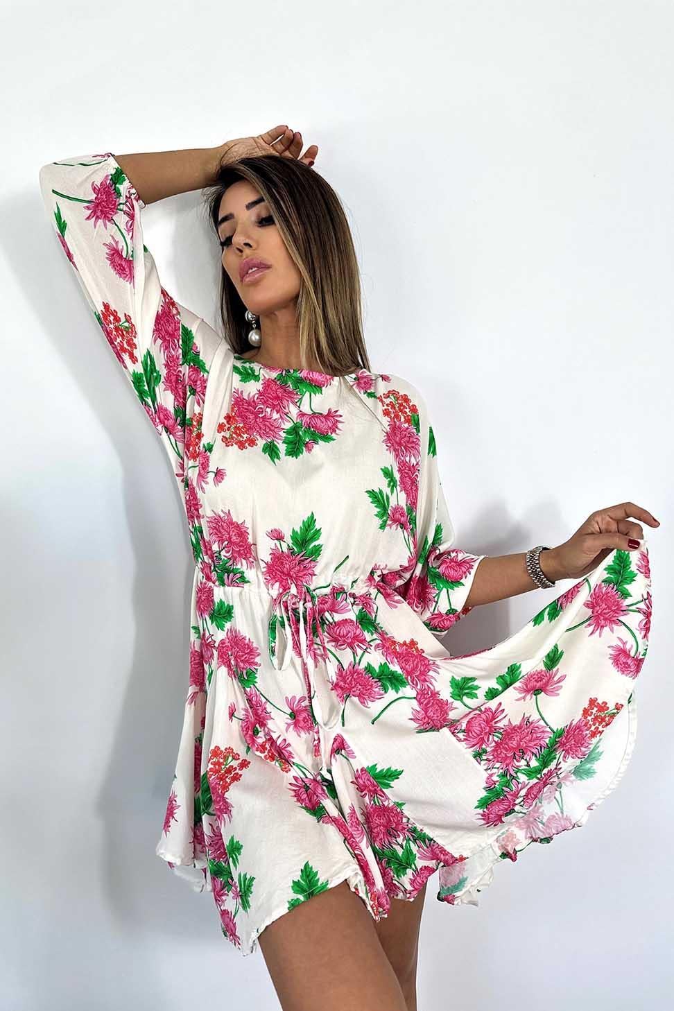 Viskon Kumaş Belden İp Sıkmalı Çiçek Desenli Oversize Elbise FUŞYA