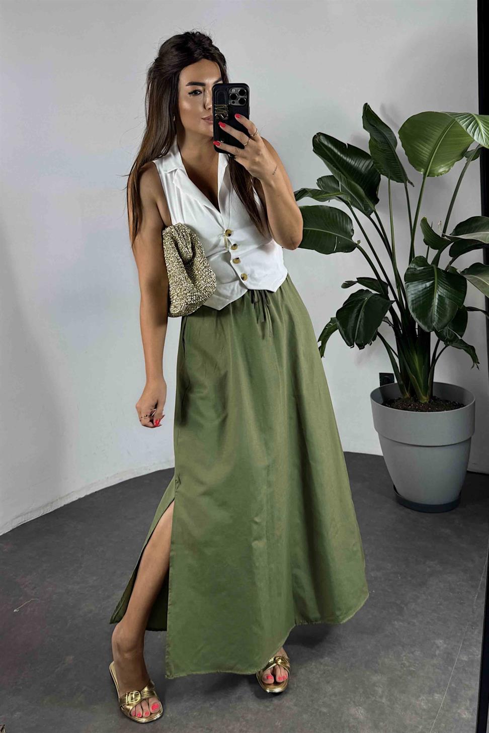 Viskon Kumaş Cep Detaylı Etek Haki