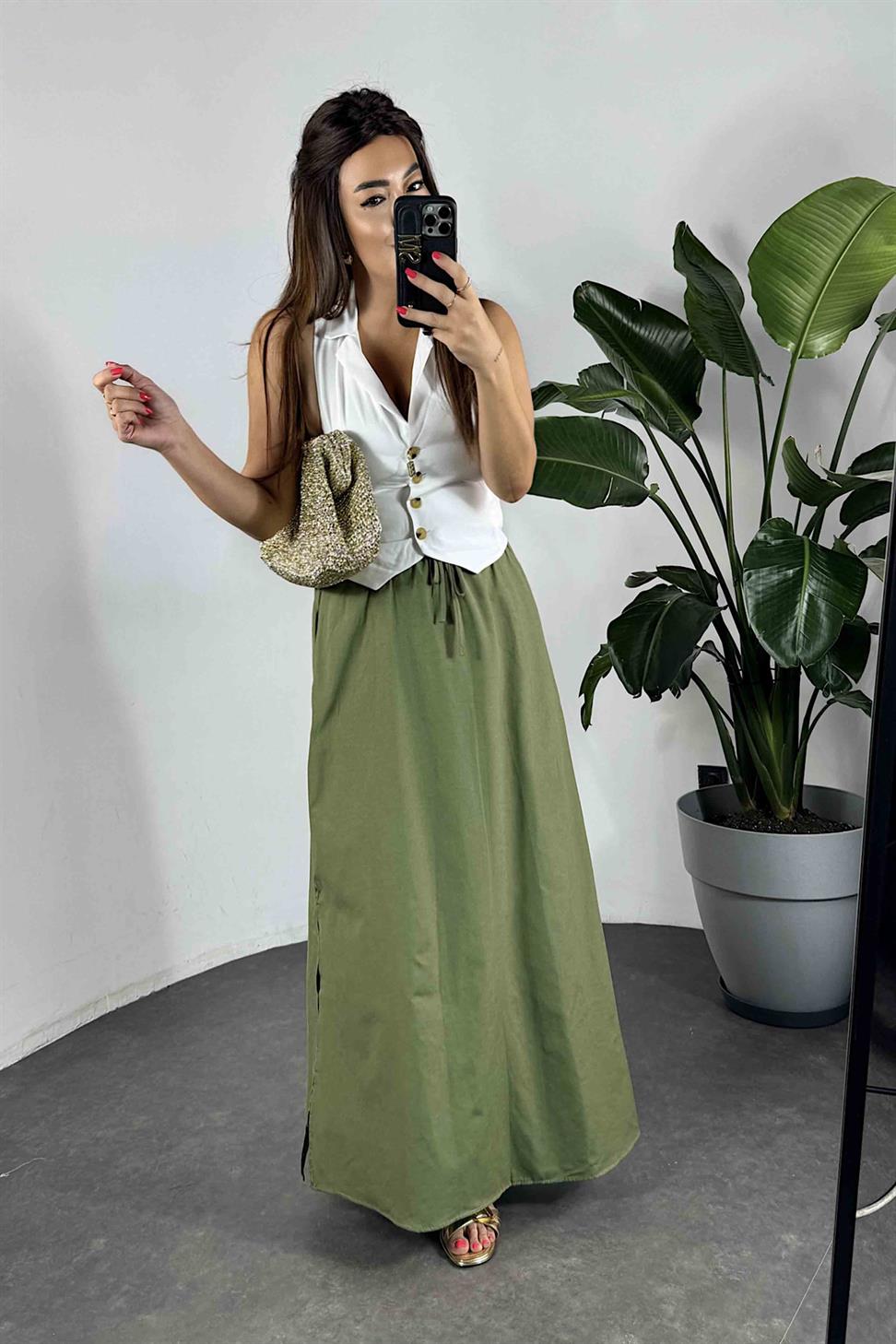 Viskon Kumaş Cep Detaylı Etek Haki