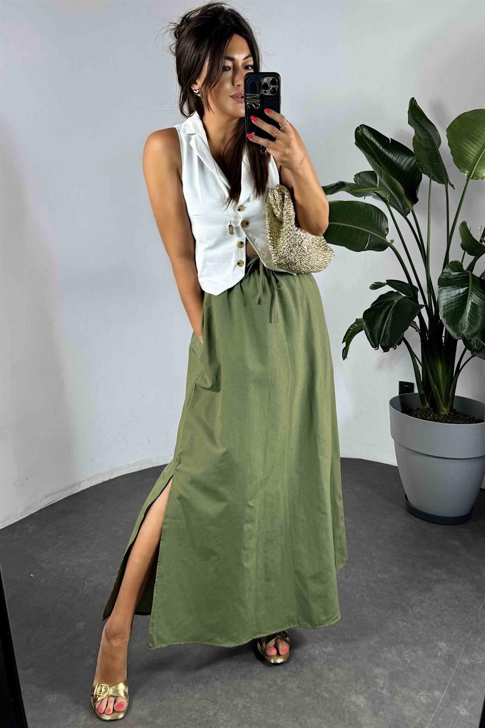 Viskon Kumaş Cep Detaylı Etek Haki