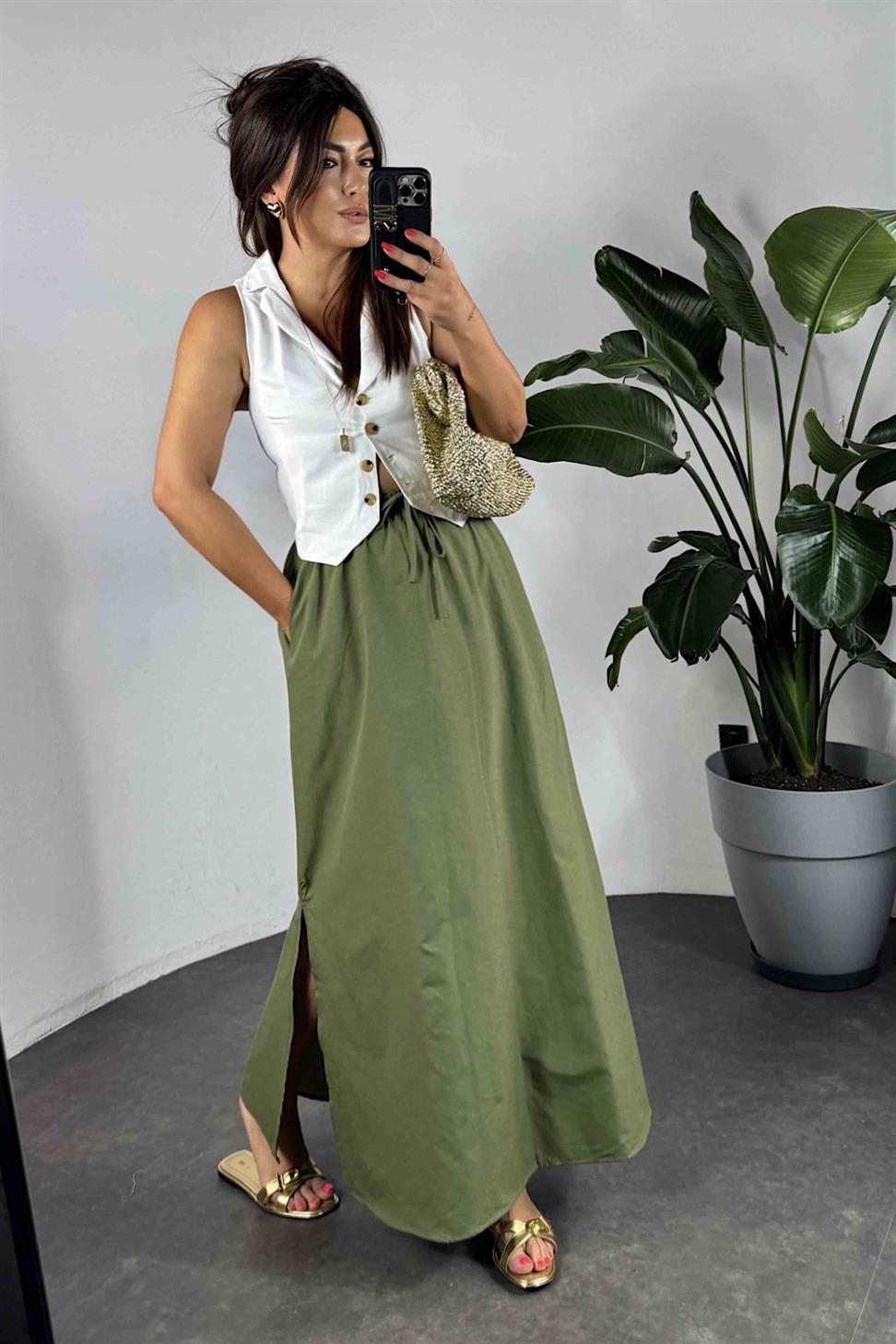 Viskon Kumaş Cep Detaylı Etek Haki