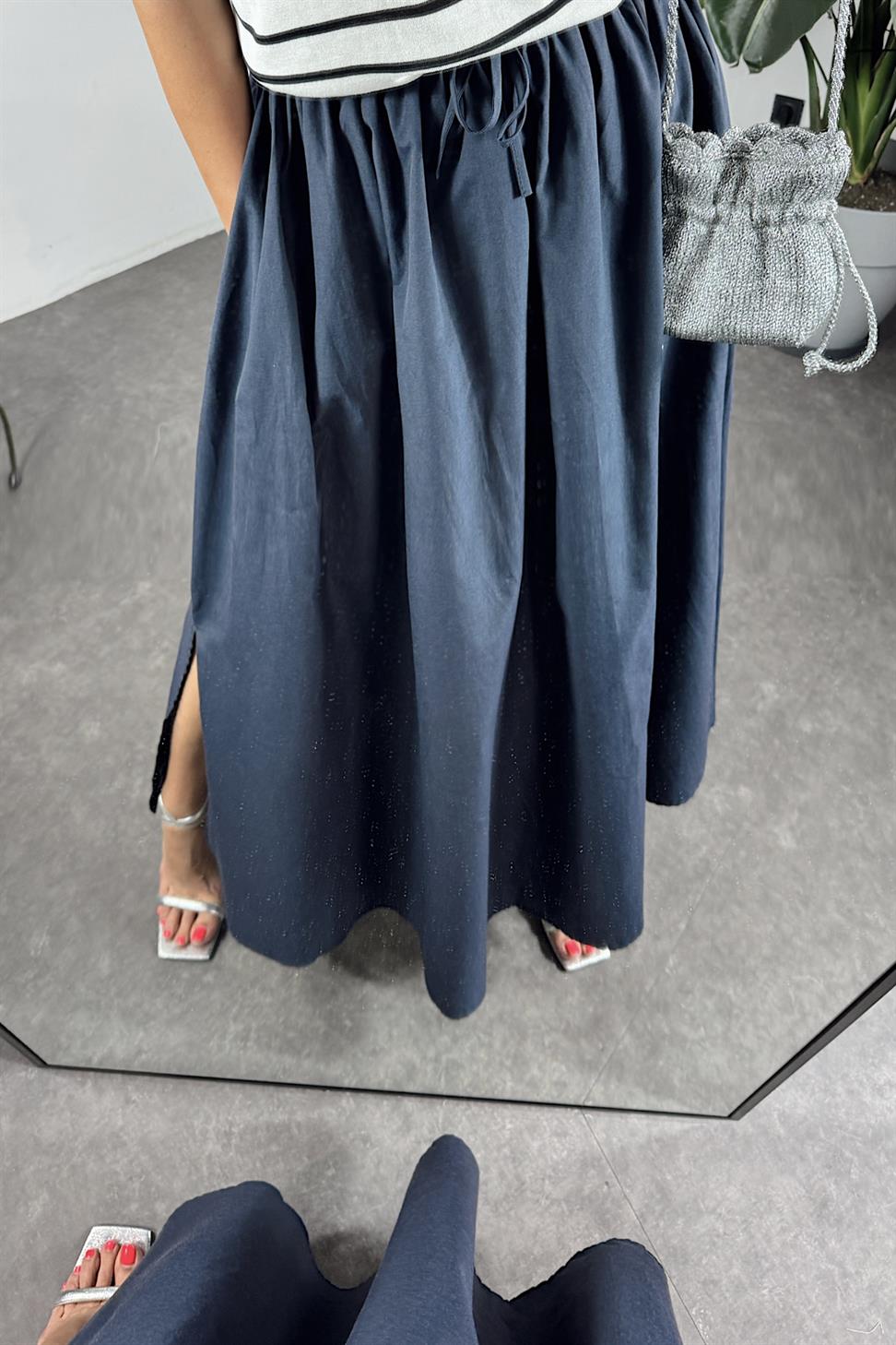 Viskon Kumaş Cep Detaylı Etek Lacivert