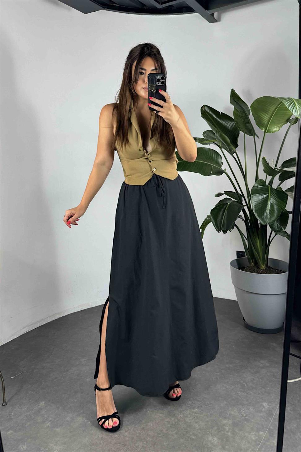 Viskon Kumaş Cep Detaylı Etek Siyah