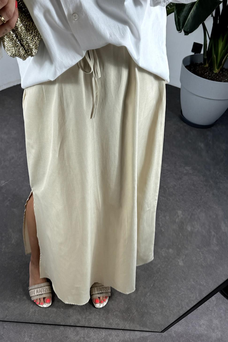 Viskon Kumaş Cep Detaylı Etek Taş