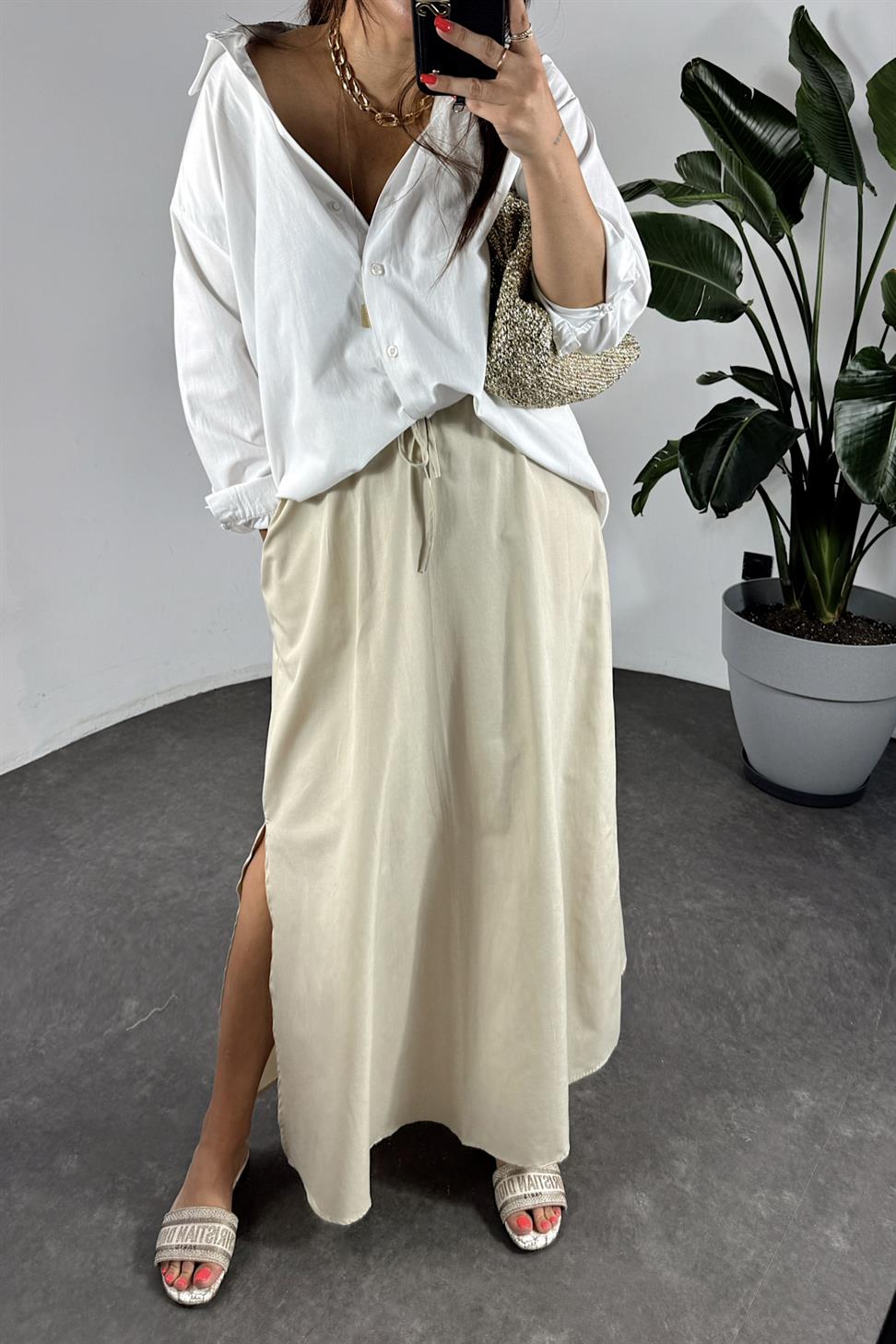 Viskon Kumaş Cep Detaylı Etek Taş