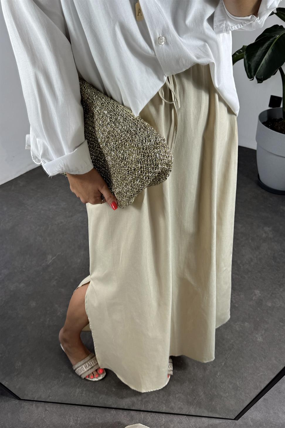 Viskon Kumaş Cep Detaylı Etek Taş