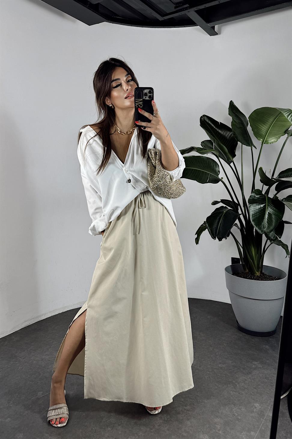 Viskon Kumaş Cep Detaylı Etek Taş