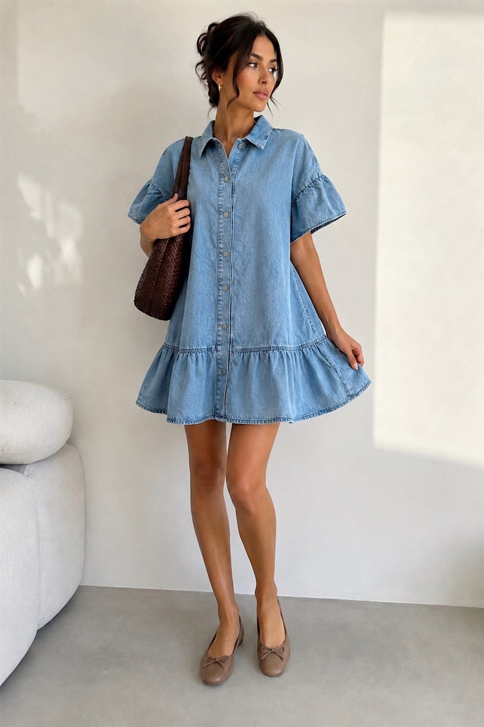 Volan Detaylı Mini Tok Kumaş Denim Elbise