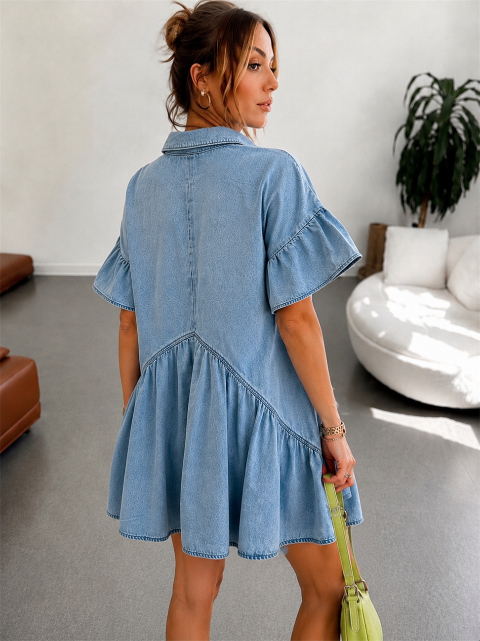 Volan Detaylı Mini Tok Kumaş Denim Elbise