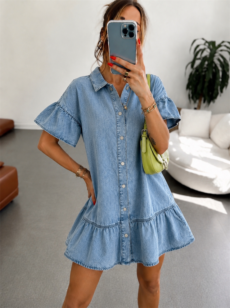Volan Detaylı Mini Tok Kumaş Denim Elbise