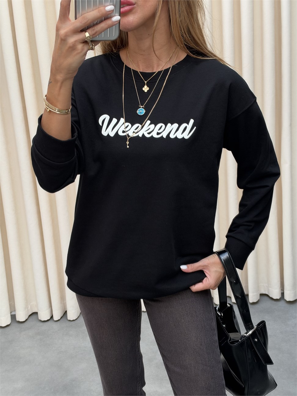 Weekend Yazılı Sweatshirt Siyah