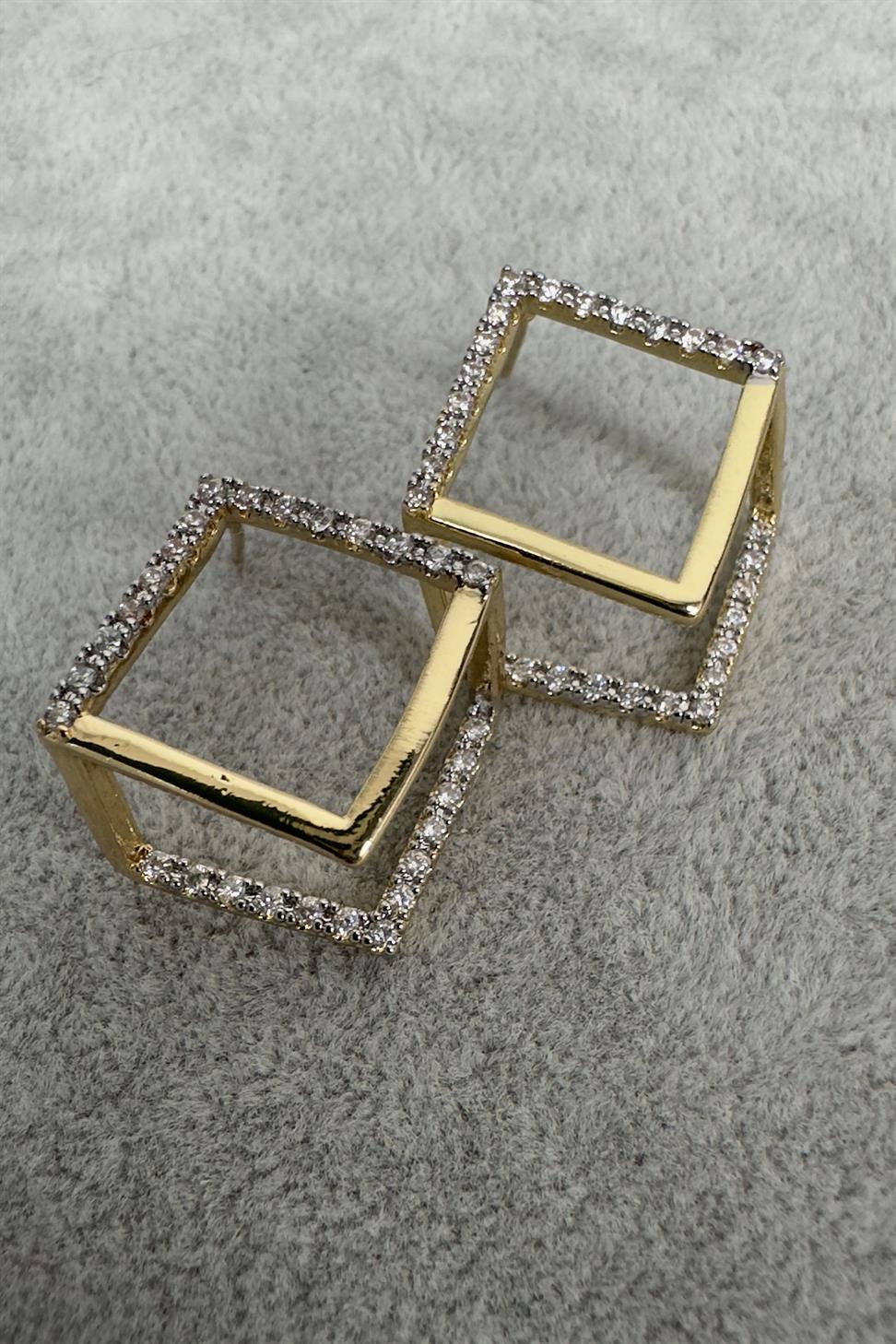Xuping Cubic Taşlı Gold Geometrik Küpe