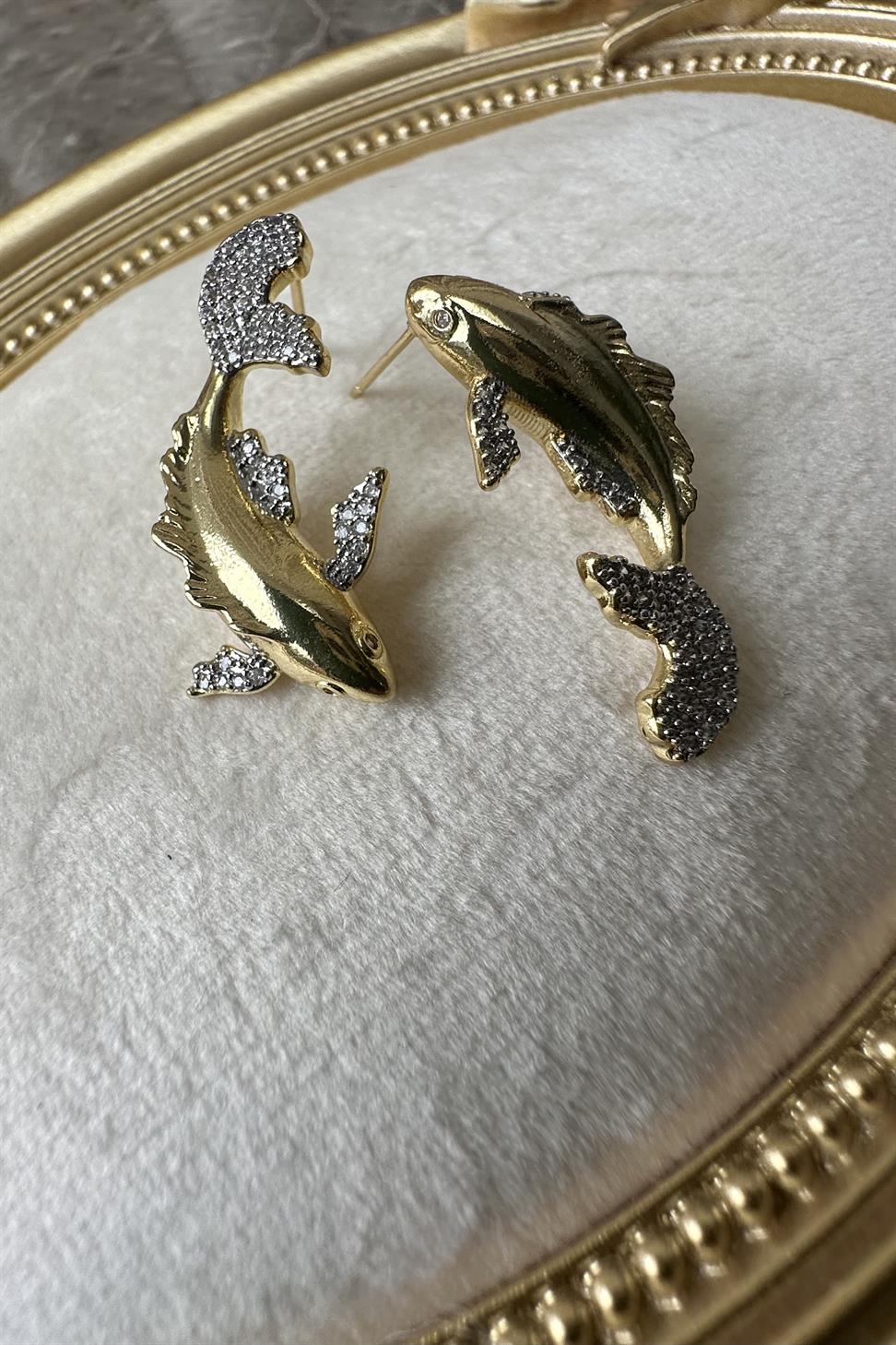 Xuping Zirkon Taşlı Balık Küpe Gold