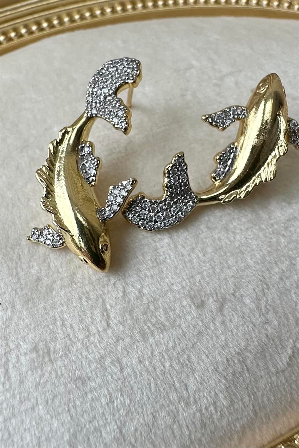 Xuping Zirkon Taşlı Balık Küpe Gold