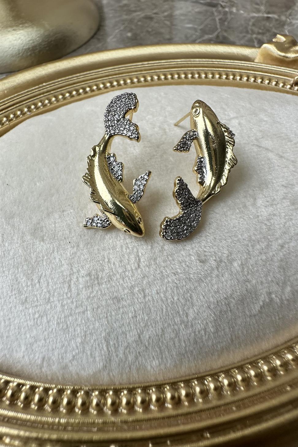 Xuping Zirkon Taşlı Balık Küpe Gold