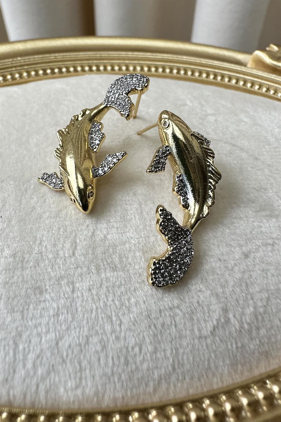 Xuping Zirkon Taşlı Balık Küpe Gold