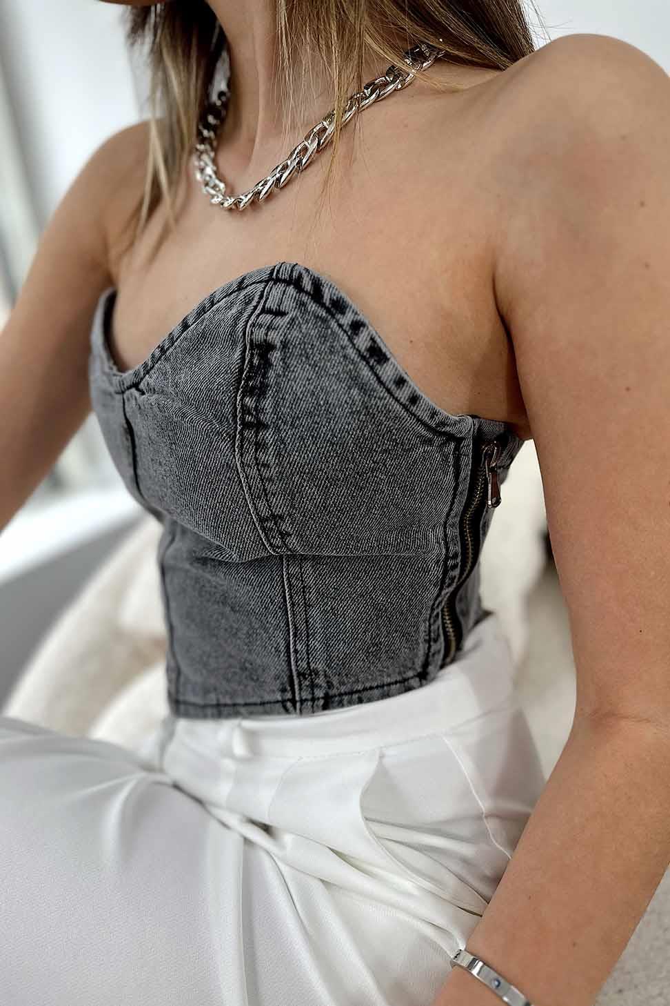 Yandan Fermuarlı Denim Crop Büstiyer Gri