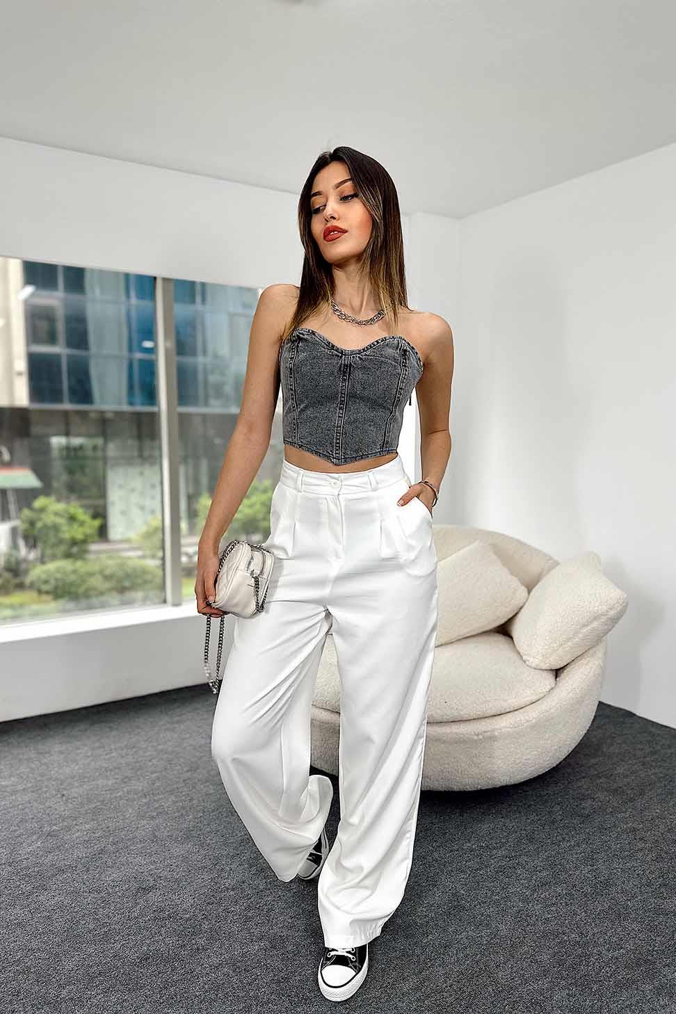 Yandan Fermuarlı Denim Crop Büstiyer Gri