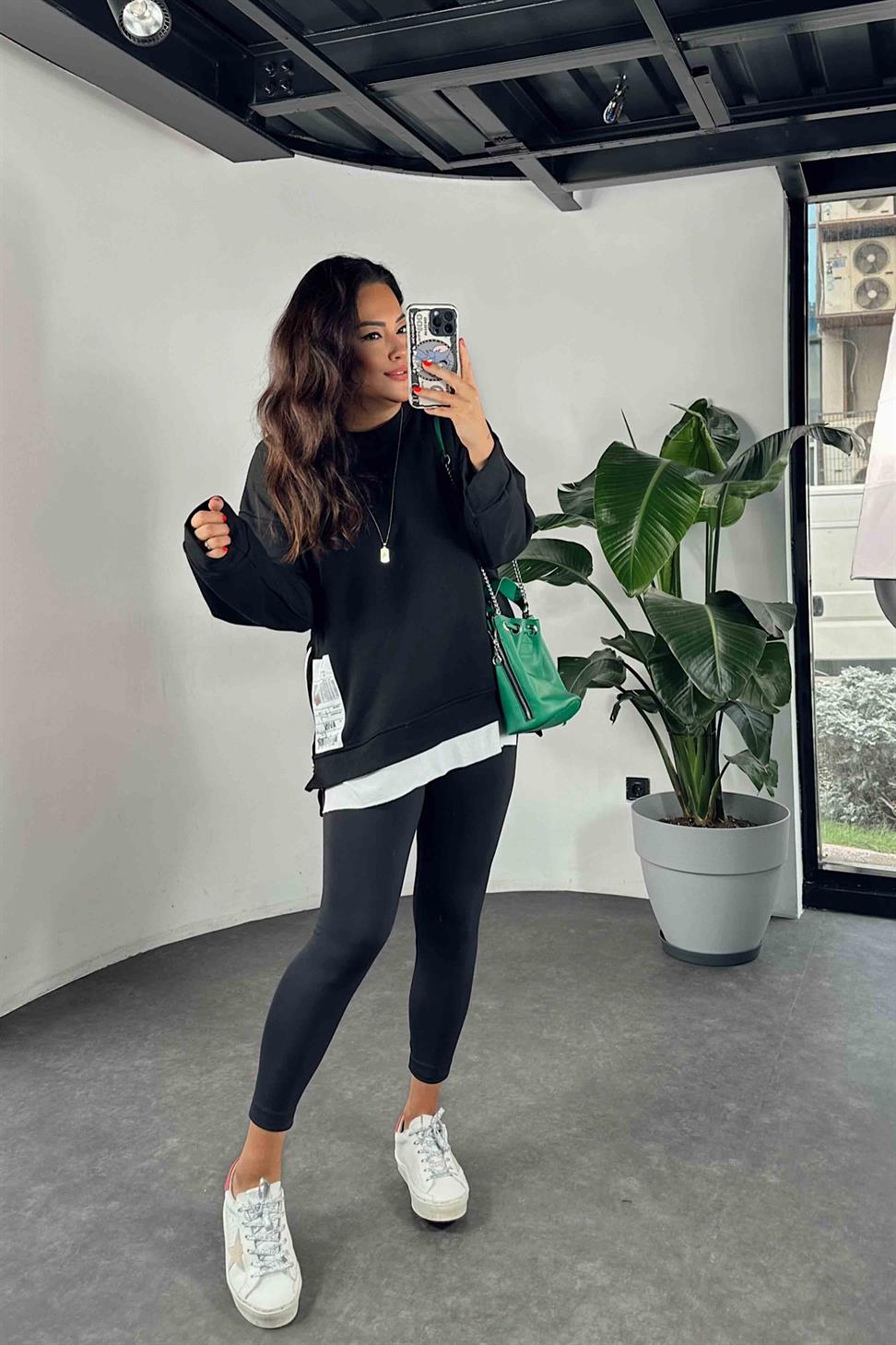 Yanları Fermuar Detay Oversize Tasarım Kadın Sweat Shırt Siyah