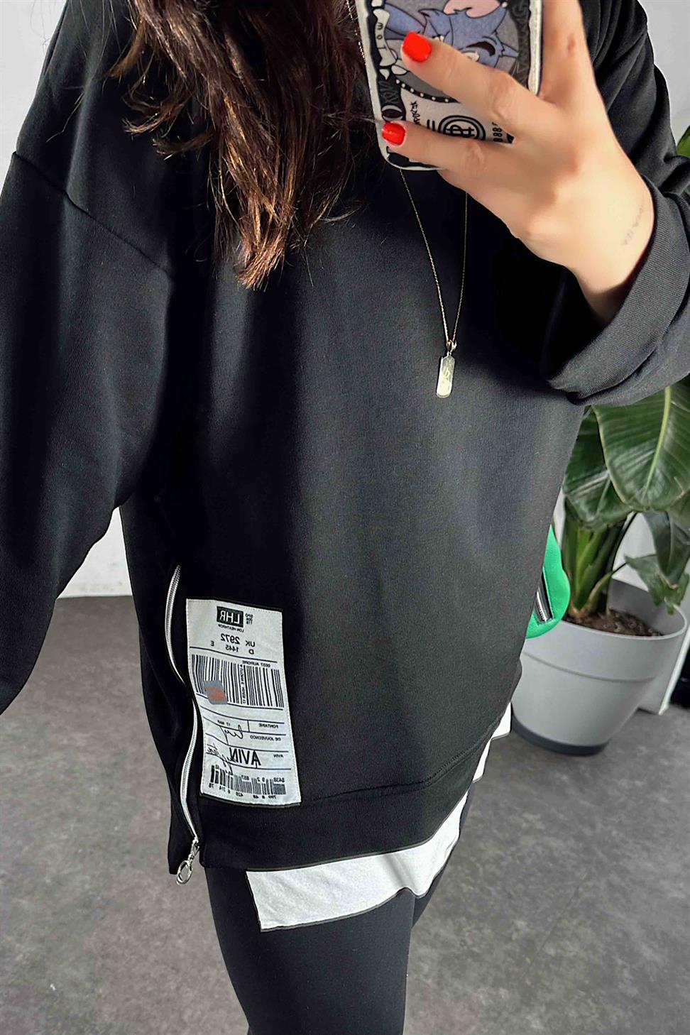 Yanları Fermuar Detay Oversize Tasarım Kadın Sweat Shırt Siyah