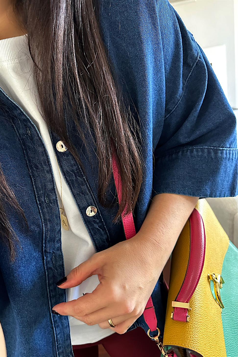 Yarasa Kol Önden Düğmeli Denim Gömlek Koyu Mavi