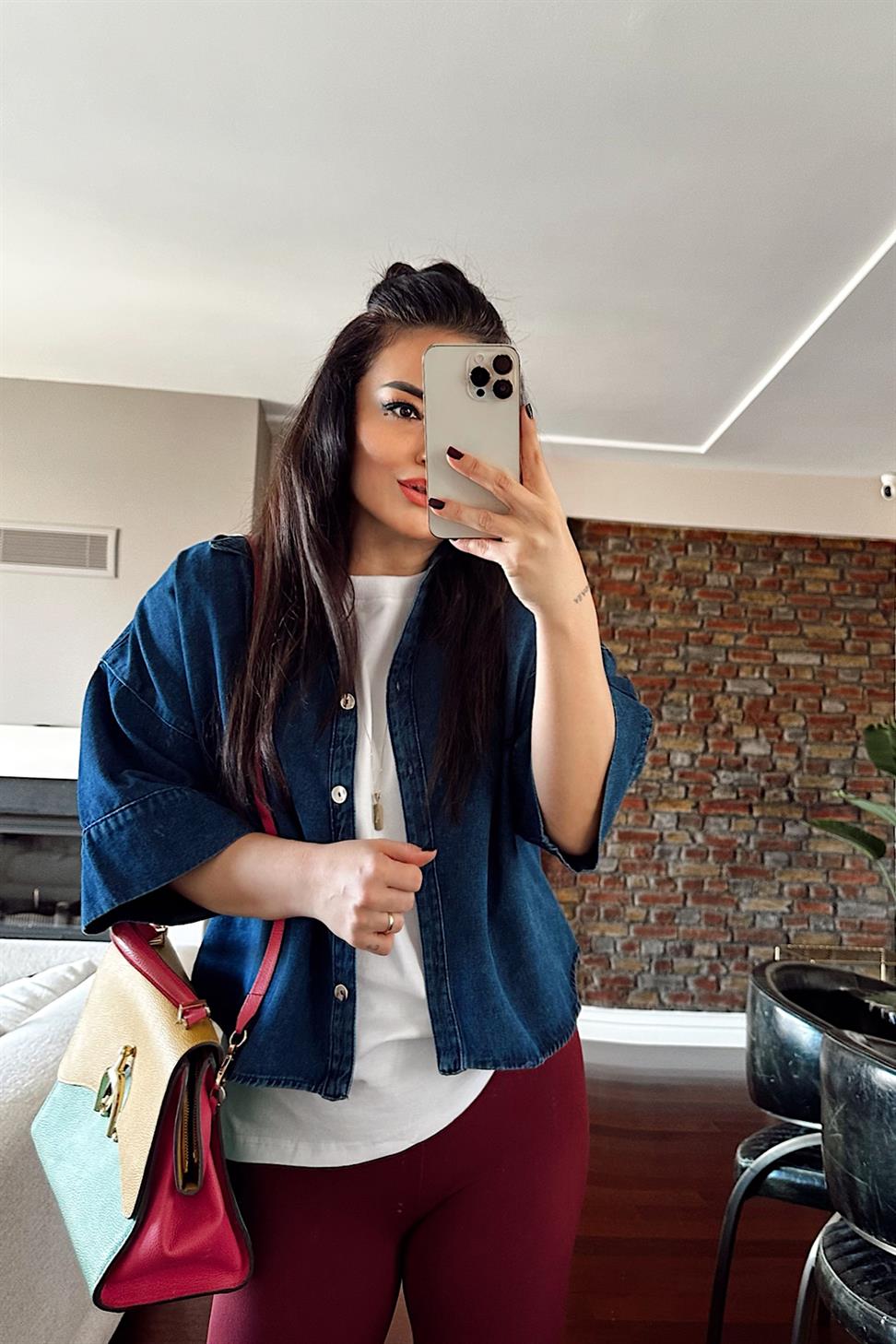 Yarasa Kol Önden Düğmeli Denim Gömlek Koyu Mavi