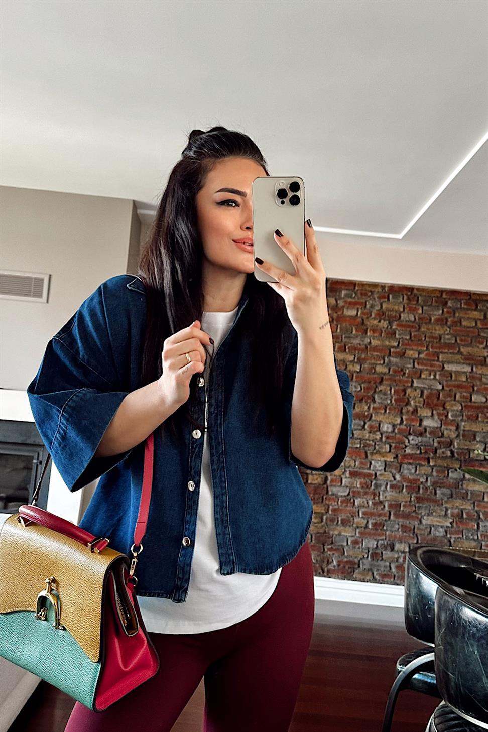 Yarasa Kol Önden Düğmeli Denim Gömlek Koyu Mavi