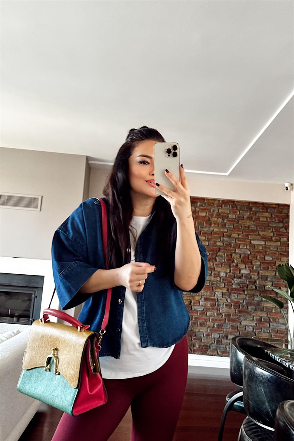 Yarasa Kol Önden Düğmeli Denim Gömlek Koyu Mavi