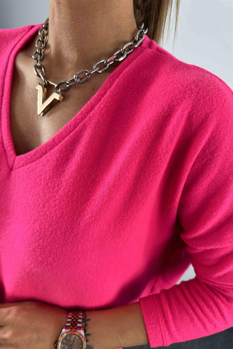 Yarasa Kol V Yaka Kadın Bluz Neon Pembe