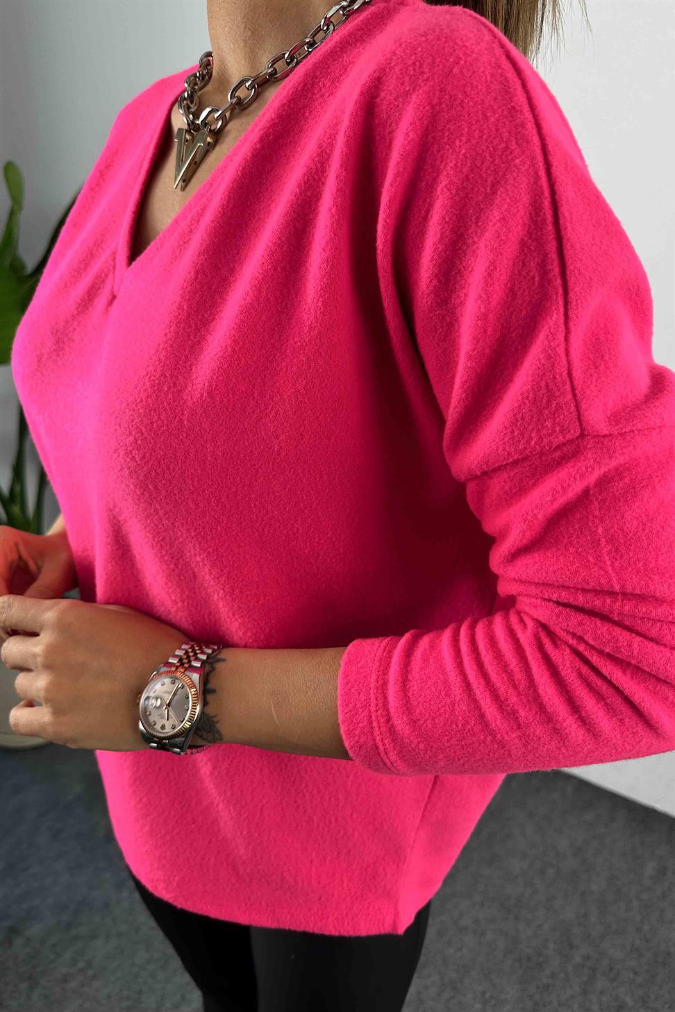 Yarasa Kol V Yaka Kadın Bluz Neon Pembe