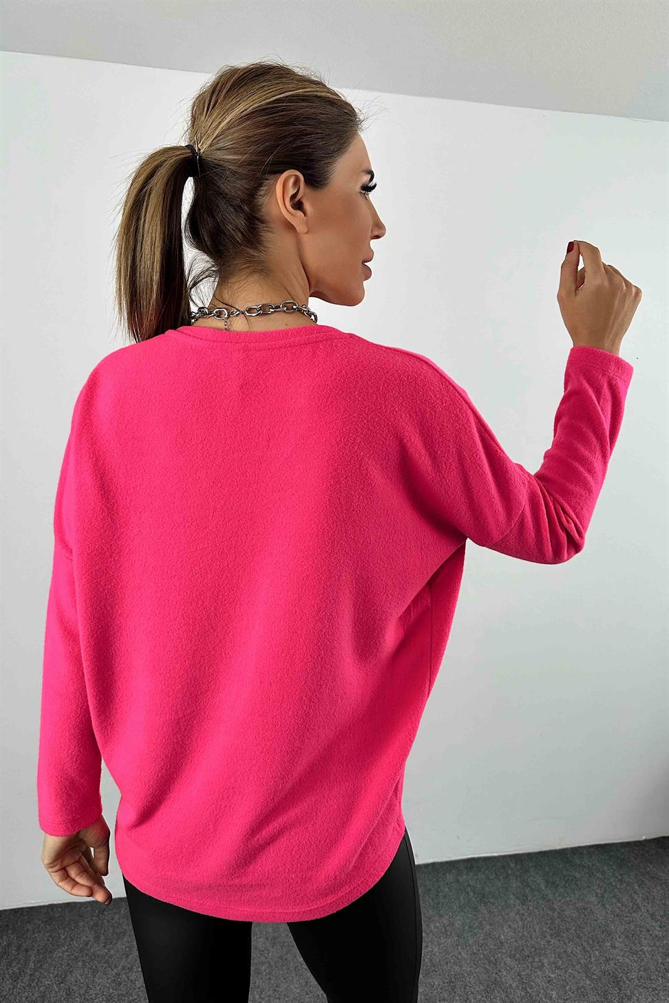 Yarasa Kol V Yaka Kadın Bluz Neon Pembe