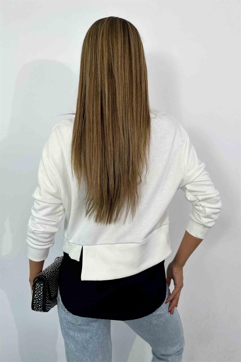 Çift Renk Tasarım Sweatshirt Beyaz