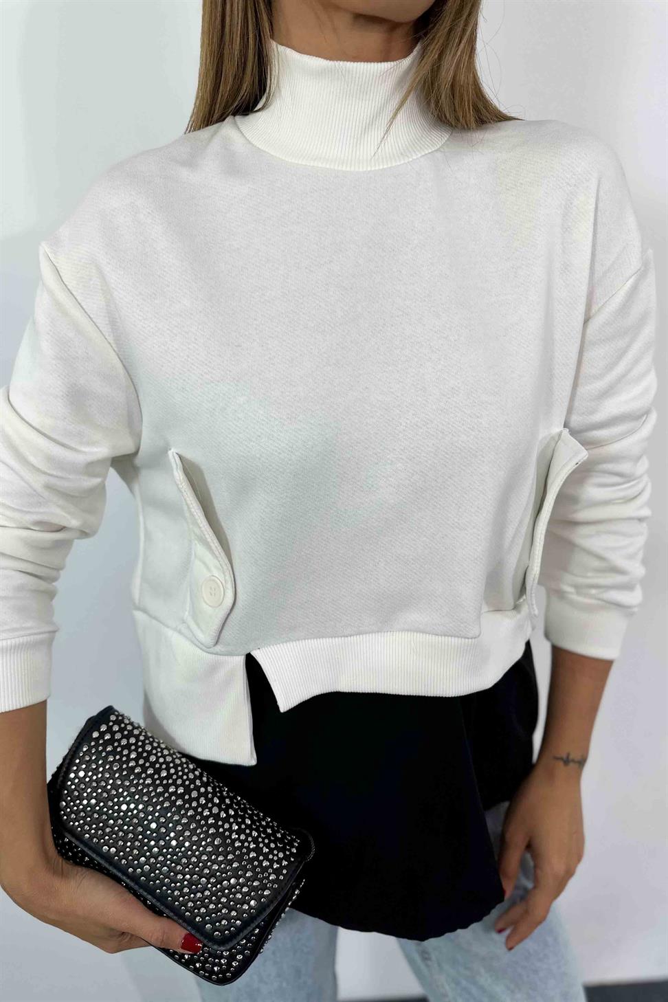 Çift Renk Tasarım Sweatshirt Beyaz