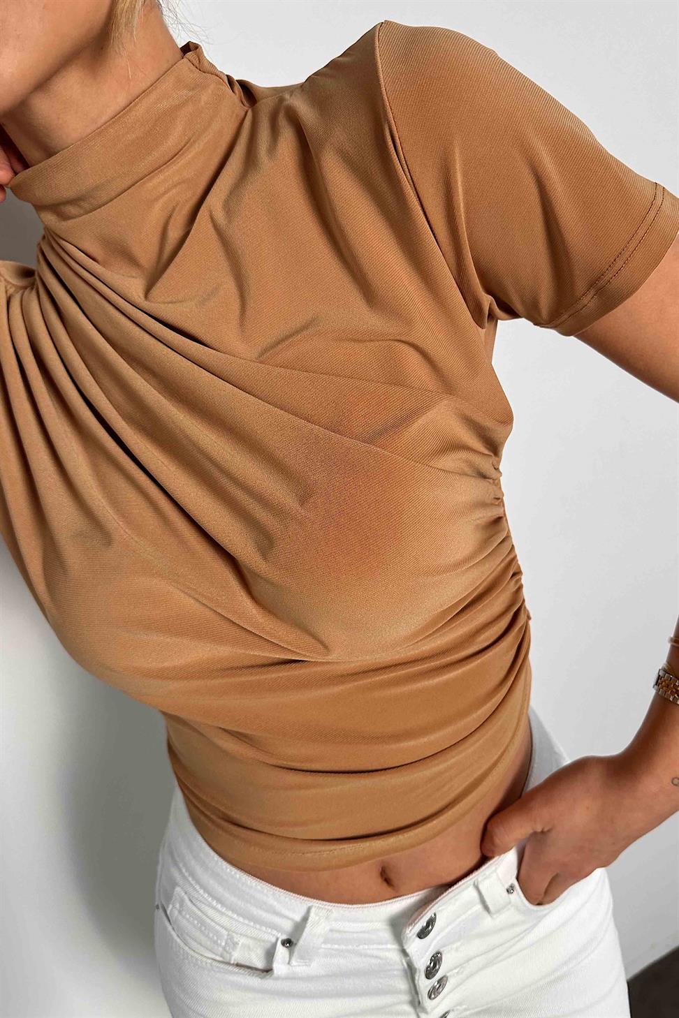 Tek Omuz Büzgülü Crop Camel