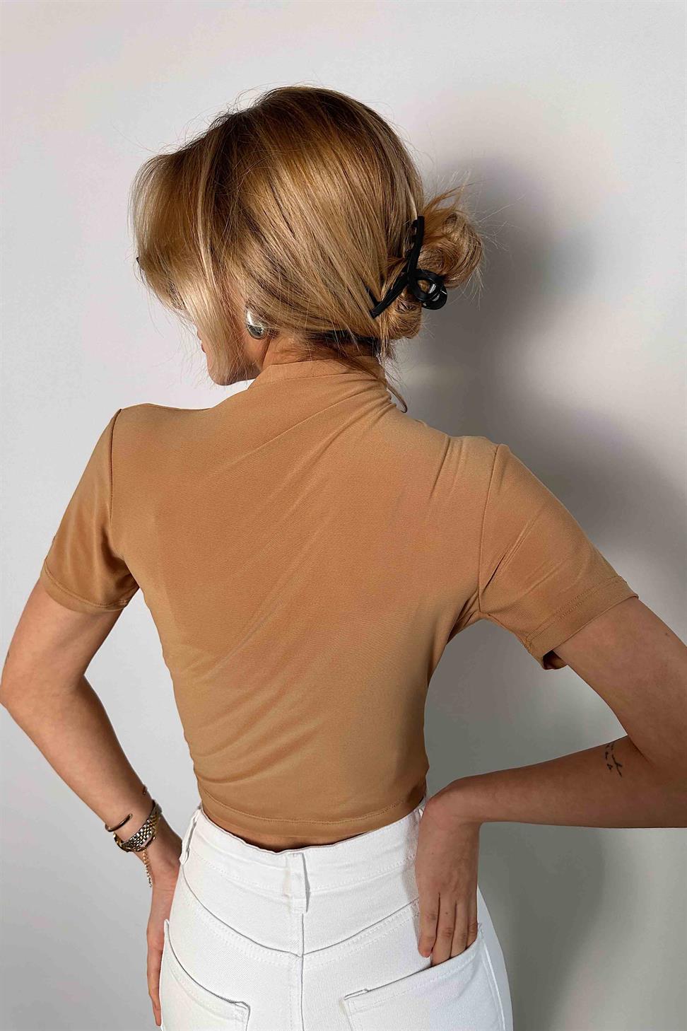 Tek Omuz Büzgülü Crop Camel