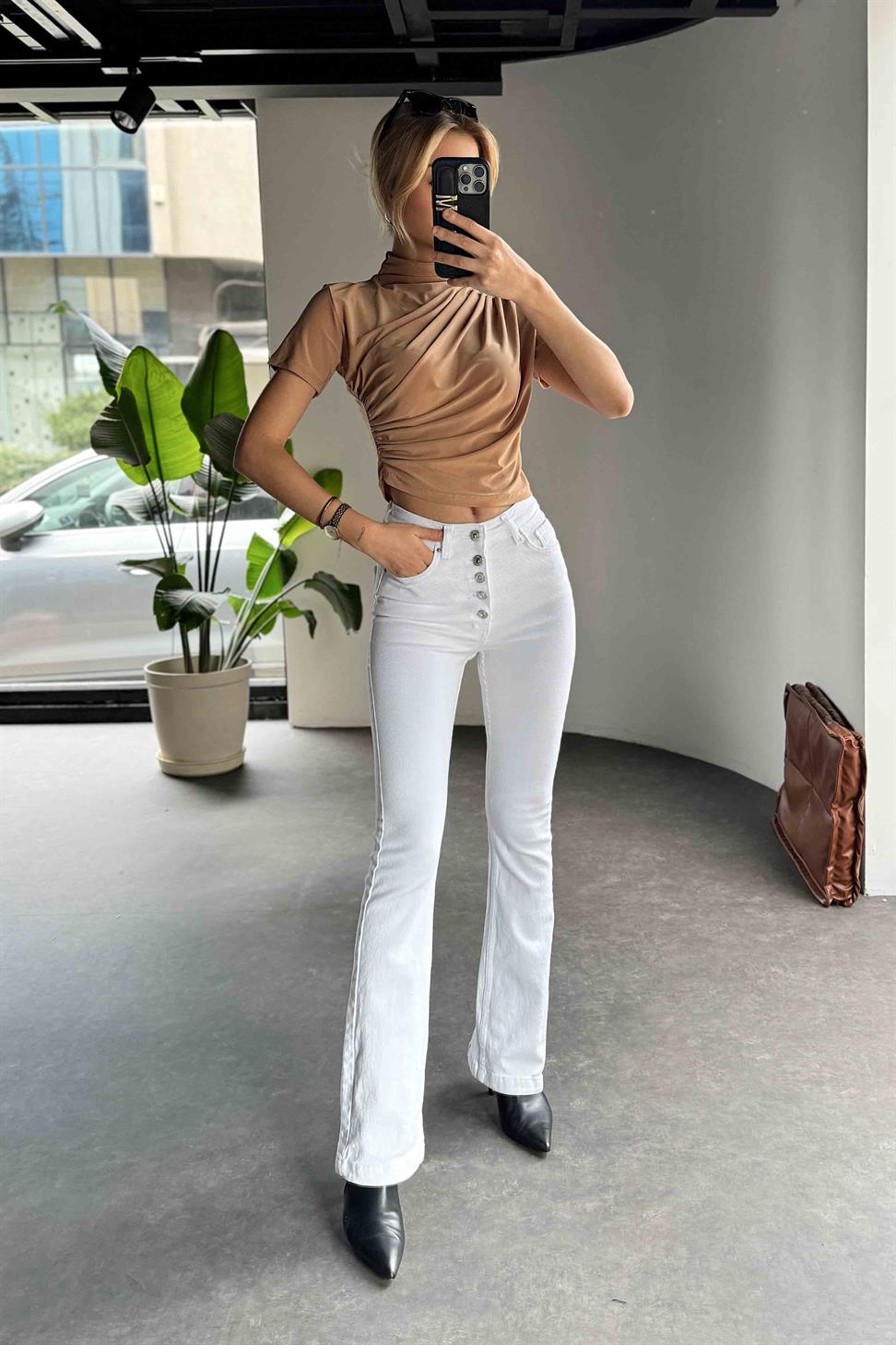 Tek Omuz Büzgülü Crop Camel