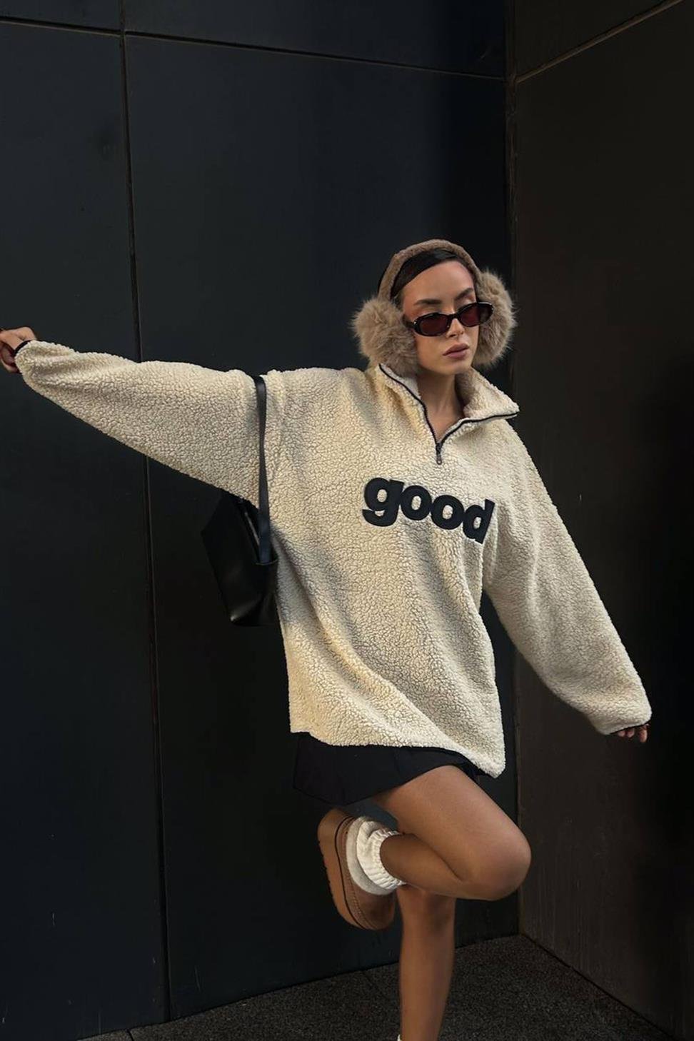 Yazı Detaylı Fermuarlı Teddy Polar Ekru