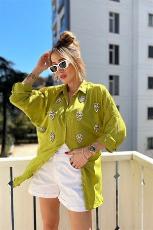 Yeşil Damla Taş İşleme Detaylı Krinkıl Kumaş Poly Gömlek