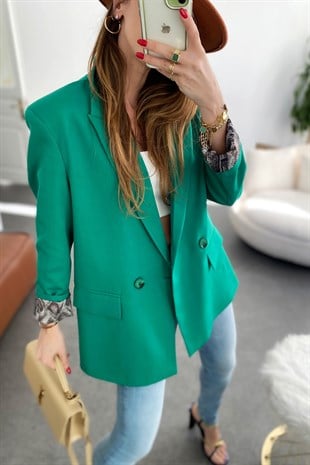 Yeşil İçi Yılan Desen Saten Astarlı Tasarım Blazer Ceket