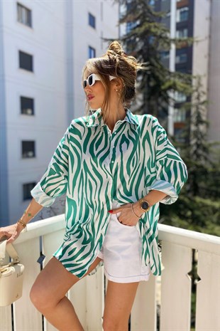 Yeşil Mavi Zebra Desen Oversize Mix Gömlek