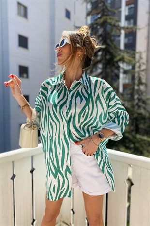 Yeşil Mavi Zebra Desen Oversize Mix Gömlek