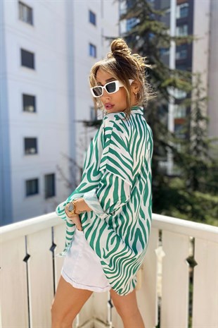 Yeşil Mavi Zebra Desen Oversize Mix Gömlek