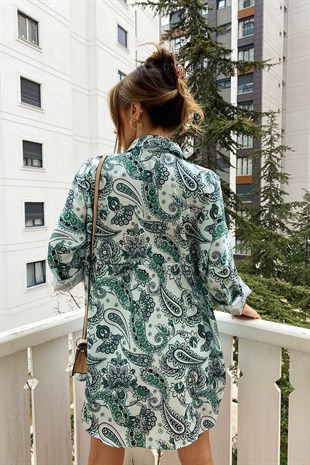 Yeşil Şal Desen Detaylı Oversize Clara Gömlek