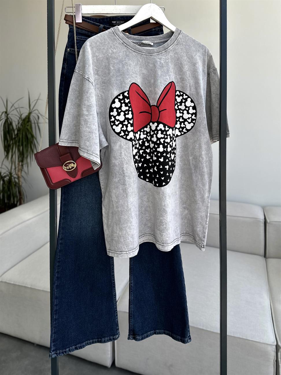 Yıkamalı Gri Minnie Mouse Baskılı Tişört